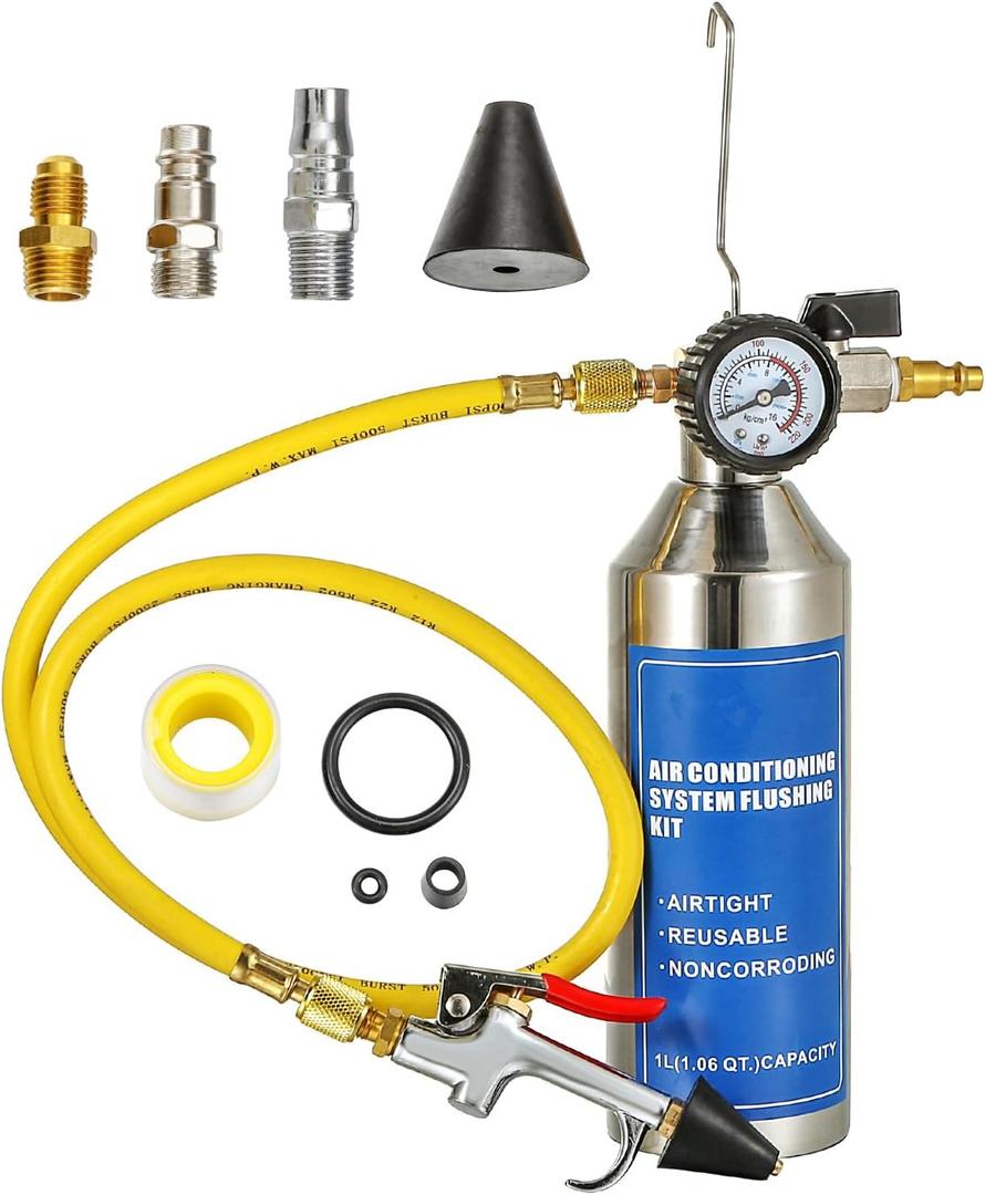 AC Flush Kit, Automotive air Conditioning Pipeline Cleaning Tool Home A/C Flush Tool,R134A R12 R22 R404 R410A AC System Flush Kit Can Tool with 220PSI Gauge, Air Fittings and Hose