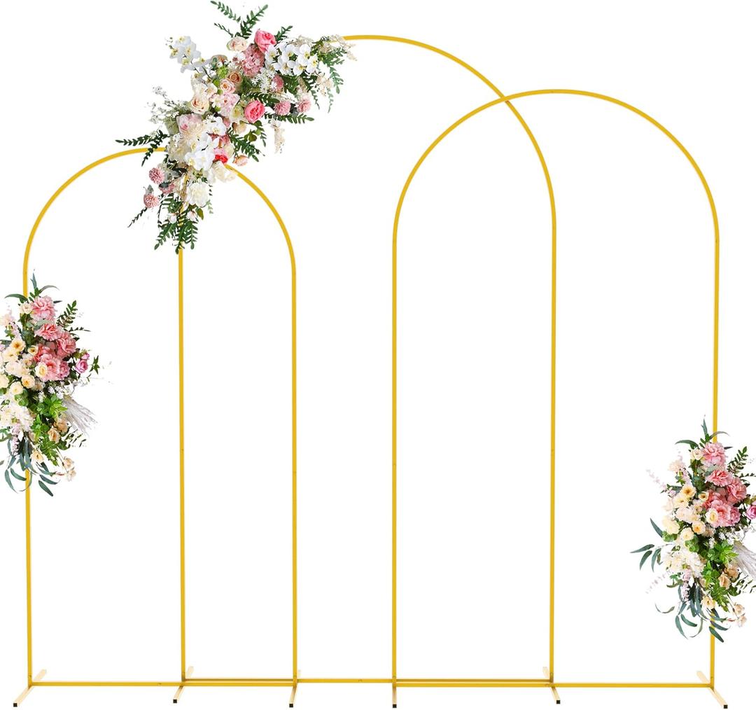 Wokceer Wedding Arch Backdrop Stand 8FT, 7.2FT, 6.6FT Set of 3 Gold Metal Arch Backdrop Stand for Wedding Ceremony Baby Shower Birthday Party Garden Floral Balloon Arch Decoration