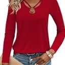LOLONG Womens Long Sleeve Shirts Spring 2026 Sexy Tops Ribbed Knit Cut Out Ring Keyhole Neck Casual Tees (Large, Red)