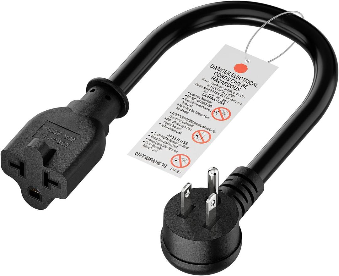 Angled 4-in-1 12AWG 15 Amp Household Plug to 20 Amp T Blade Adapter Cable, 5-15P to 5-20R, 5-15P to 6-20R, Four-in-One Adapter, 15A 125V to 20A 250V/ 20A 250V Cable, 1FT