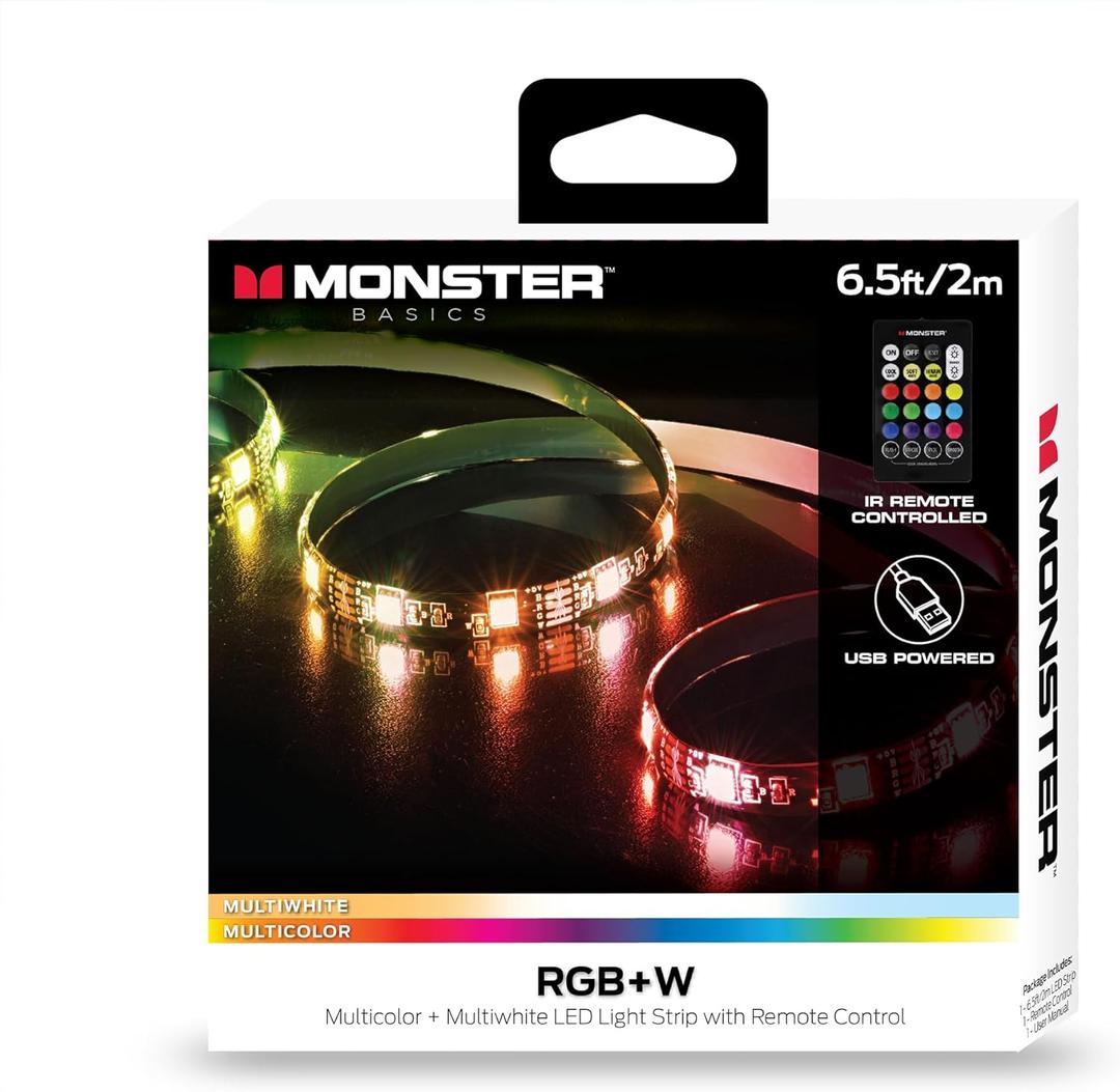 Monster Multi-Color and Multi-White LED Light Strip, 6.5 Foot, Customizable, Peel and Install, Flexible, Enhanced Ambiance, Remote Control Included, Home Decoration, Any Room