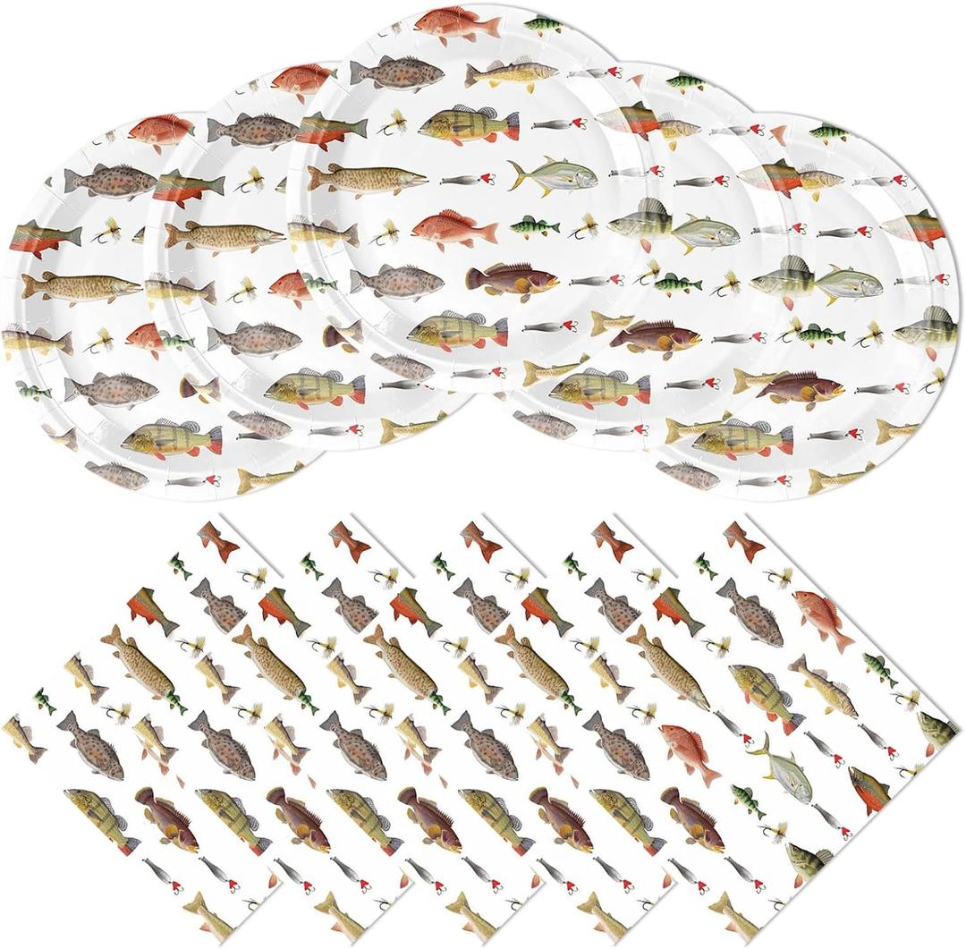 40Pcs Fishing Birthday Party Decorations Gone Fishing Birthday Plates and Napkins Fishing Party Supplies Tableware Set for Fisherman Fishing Decor Party Serves 20