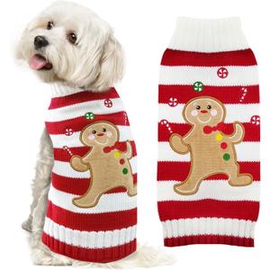 Dog Christmas Sweater Xmas Pet Clothes Cute Striped Gingerbread Man Costume Holiday Puppy Cat Jumpers Outfits New Year Gifts for Small Medium Large Dogs (Red Gingerbread Man, S)