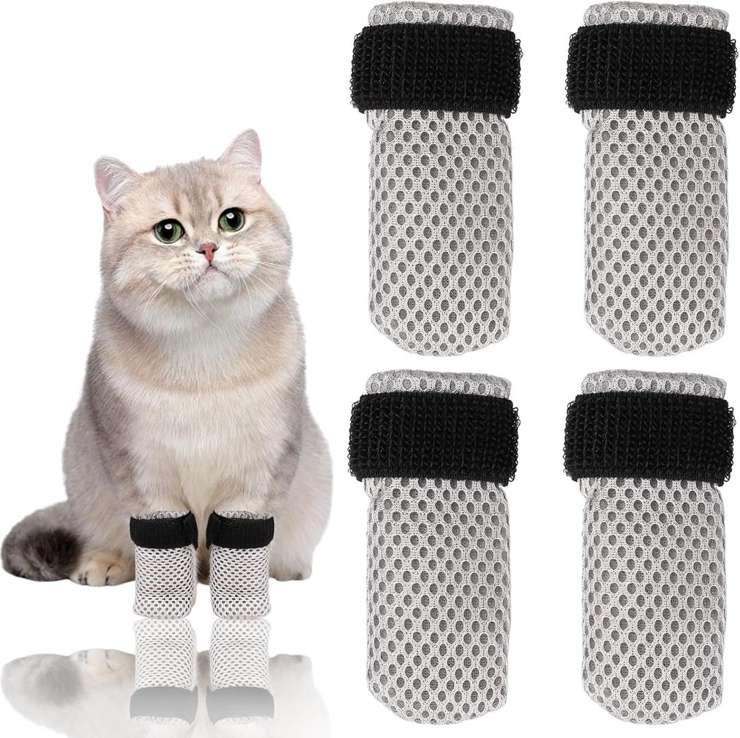 4Pcs Cat Boots, Paw Covers Anti-Scratch Cat Foot, Adjustable Mesh Cat Claw Protectors Non-Slip Breathablesuitable for Pet Bathing, Cutting Nails, Injecting, (S, Gray) 