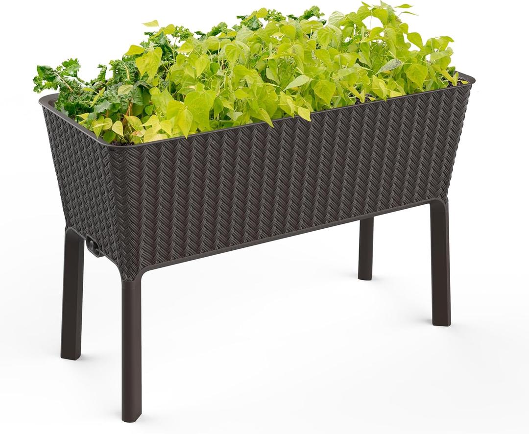 Keter Splendor 31.7 Gallon Raised Garden Bed with Self Watering Planter Box and Drainage Plug-Perfect for Growing Fresh Vegetables, Flowers and Herbs, Brown