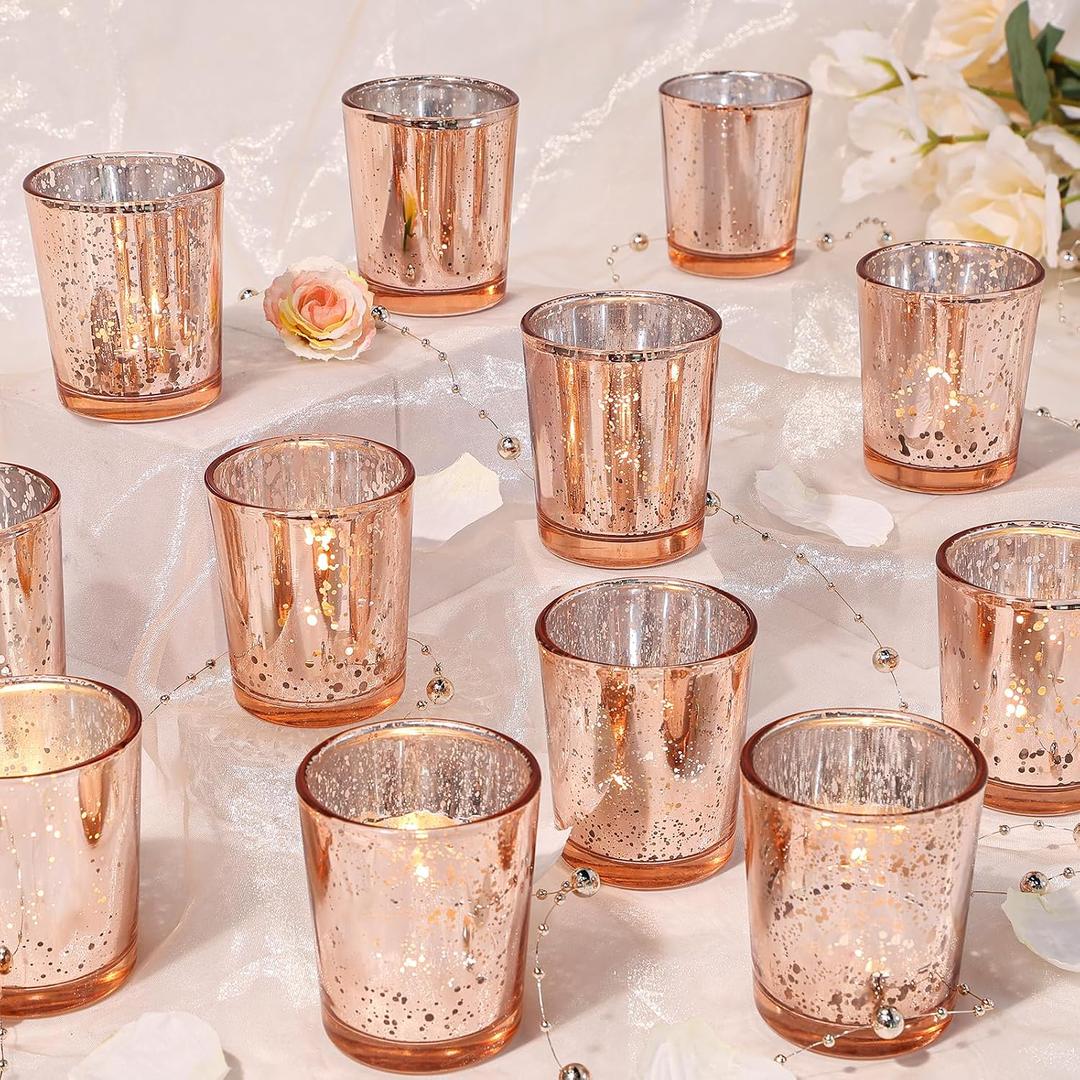 UPBUD Votive Candle Holders Set of 24, Speckled Mercury Rose Gold Glass Candle Holders for Wedding Centerpiece Table Decorations, Tealight Candle Holder for Party Bridal Shower Decor, Home Decor