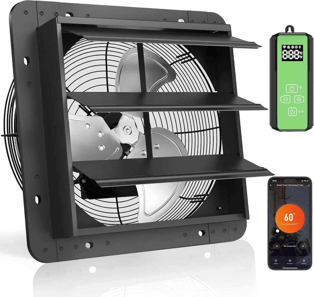 Kiroto 12 Inch Shutter Exhaust Fan, 1600 CFM High-Speed Vent Fan with Temperature and Timer Control, Wall-mounted Window Attic fan, Gable Fan with APP WIFI Remote Control, 12" Garage Exhaust Fan