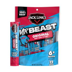 Jack Links x MrBeast Original Mini Beef Sticks  6g Protein per 2 Individually Wrapped Meat Snacks, Made with 100% Real Beef, Pantry-Ready, Kids Snacks, Great Stocking Stuffers, 12 Count 0.5oz Sticks