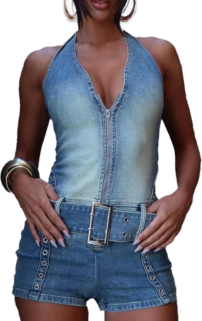 Mandonce Denim Romper for Women Off the Shoulder Halter V Neck Distressed Stretchy Jean Shorts Bodycon Jumpsuit with Belt (Medium, 1-blue)