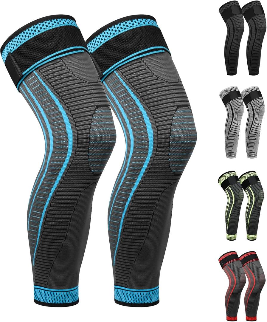 Full Leg Compression Sleeves 2 Pack Long Knee Support for Men and Women for ACJ, Meniscus Tear, Arthritis, Medium, Blue