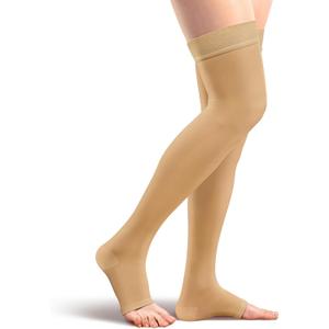 Amazon Basics Medical Compression Stockings, 20-30 mmHg Support, Women & Men Thigh Length Hose, Open Toe, Beige, Medium