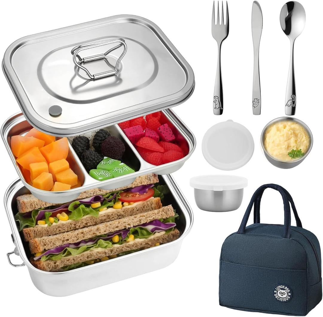 Stainless Steel Lunch Box Leakproof 3-Compartment Tray, 1800ml Stainless Steel Bento Box with Utensil Set, Sauce Cups and Lunch Bag, Dishwasher-Safe Snack Box for Work, Office, Travel, Picnic