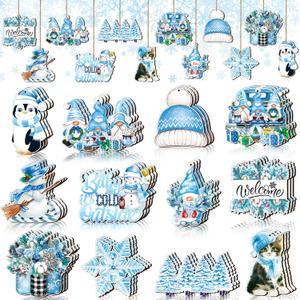 Sintuff 36 Winter Decoration Winter Wooden Ornaments for Tree Cat Penguin Snowflake Snowman Gnome Pine Truck Blue Hanging Decoration Set Christmas Tree Decorations for Party Supplies