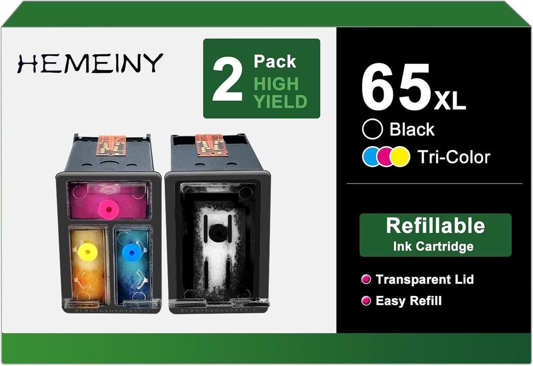 65XL Refillable Ink Cartridges Compatible with Hp Deskjet 3755 3721 3722 3730 3752 2600 2625 2628 2635 2636 2652 2680 3772 ENVY 5052 5058 5010 5012 5014 5020 5030 5032 5034 5070 Printer