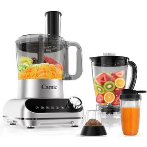 Camic Blender & Food Processor Combo, 600W, 6 Functions for Smoothies,Chopping, Slicing, Shredding, Grinding, Dough & More, 72-oz.Blender Pitche, 64-oz.Processor Bowl, 13-oz.To-Go Cup,6-oz.Grinder Cup,(Sliver) (Premium Version, Silver)