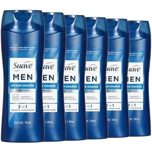 Suave Men Ocean Charge 2 in 1 Refreshing Shampoo & Conditioner with Pro Vitamin B5, Hydrates & Revitalizes Hair, Ocean Fresh Scent, 6 Count, 12.6 FL OZ