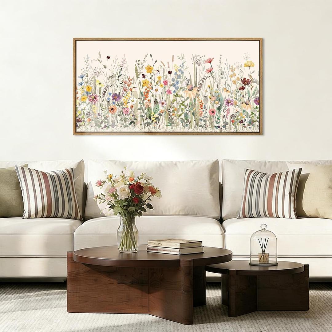 Large Floral Wall Art Decor Framed Colorful Wildflower Painting Pictures for Living Room Bedroom 40x20 Inches