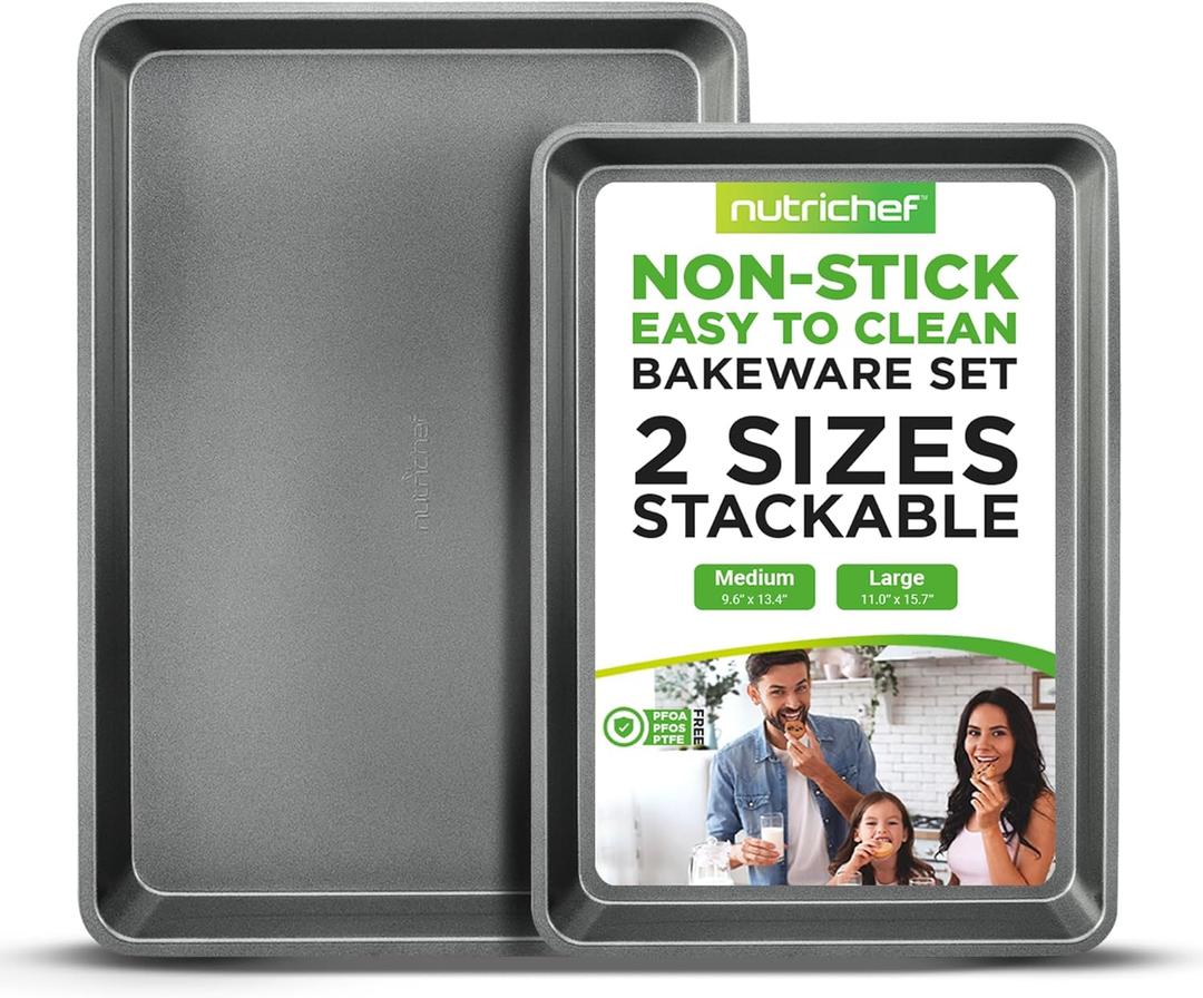 NutriChef 2-Piece Nonstick Cookie Sheet Baking Pan Set - Premium Bake Trays w/ Sleek Non-Stick Coating PFOA, PFOS, & PTFE Free - Large (15"x11") & Medium (13"x9") - Dishwasher Safe (Gray)