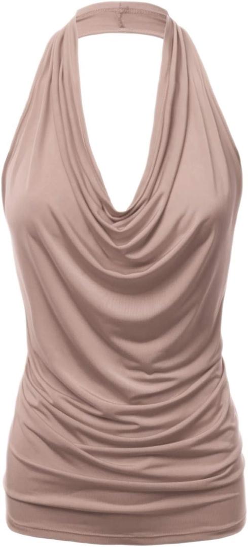 Women's Halter Neck Front Draped Backless Tank Top Made in USA (S-3XL) (1X, Clltj316-taupe)