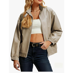 Casly Lamiit Women's Faux Leather Jacket Oversized Winter Stand Collar Double Zipper Casual Motorcycle Bomber Coat Outwear, XXL