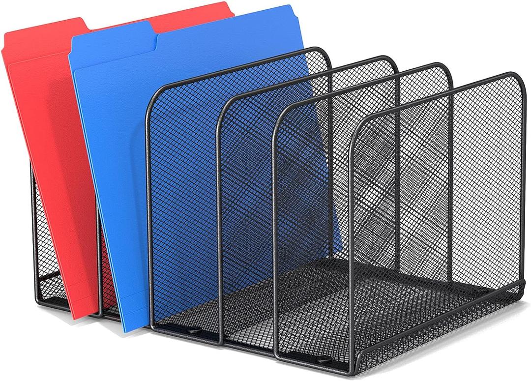 5 Sections Desk File Holder/Rack/Sorter,Mesh File Organizer,File Folder Organizer,Metal Upright Desktop Organization for Documents,Magazine,Kitchenware,Antiskid,Antirust,Sturdy,1 Pack