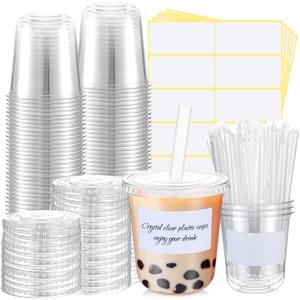 50 Sets Crystal Clear Plastic Cups with Lids, Straws and Stickers, Disposable Iced Coffee Cups Thickened PET for Iced Coffee, Bubble BobaTea, Smoothie, Cold Drinks, Juice, Shops (12 oz)