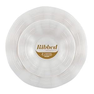 PLASTICPRO 24 Piece Combo Plastic Dinner Plates Disposable Plastic Fancy Heavy Duty Party Dishes 7 inch and 10 inch, Pearl Teal/Blue Ribbed