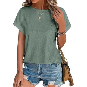 YeonYoonA Women's Eyelet Embroidery Short Sleeve T-Shirt Summer Fashion Clothes Loose Fit Casual Holiday Blouse T Shirt (Green, S)