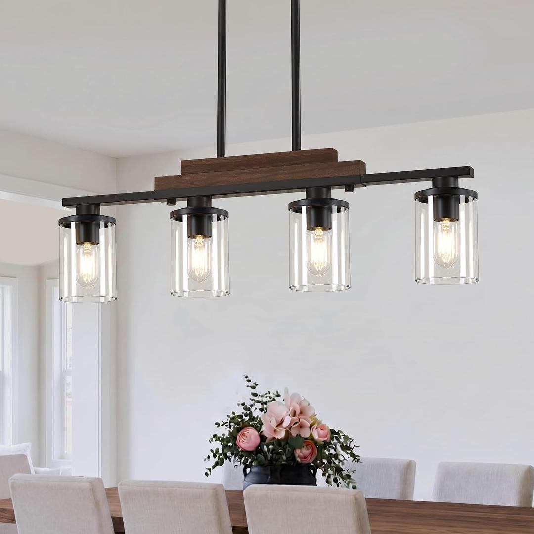 Pendant Lights Kitchen Island, 4-Light Farmhouse Chandeliers for Dining Room, Black Linear Chandelier with Clear Glass Shades, Modern Rustic Wood Chandelier with Adjustable Height