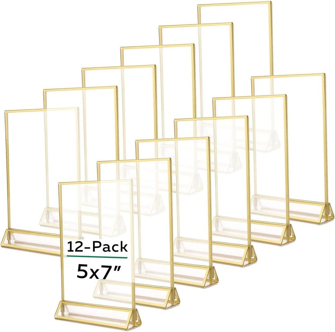 TonGass 12-Pack 5"x7" Standard Double-Sided Acrylic Wedding Table Numbers Picture Frames, Clear Sign Holders with 3mm Gold Border & Vertical Stand