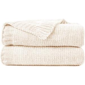 Chenille Throw Blanket for Couch, Cozy Soft Blanket Lightweight Decorative Throw for Living Room Sofa Chair, Stylish Home Decor, Ideal for Gifting, Ivory 50"x60"