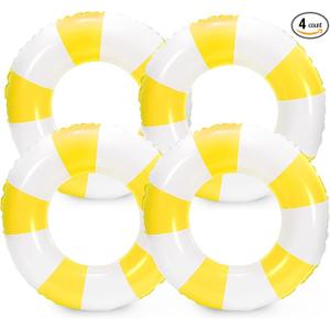 Whaline 4Pcs Inflatable Swimming Float Toy Striped Swim Ring Fun Print Pool Lounger Tube for Summer Swimming Beach Party (22.8 Inch, Yellow)
