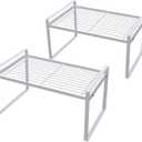 Pack of 2 Kitchen Cabinet Shelf Counter Organizer Rack Pantry Storage Bathroom Bedroom Office Table Desk Space Saving Steel Frame Stackable Rust Resistant Non Slip White (L13" W8.3" H7.3")