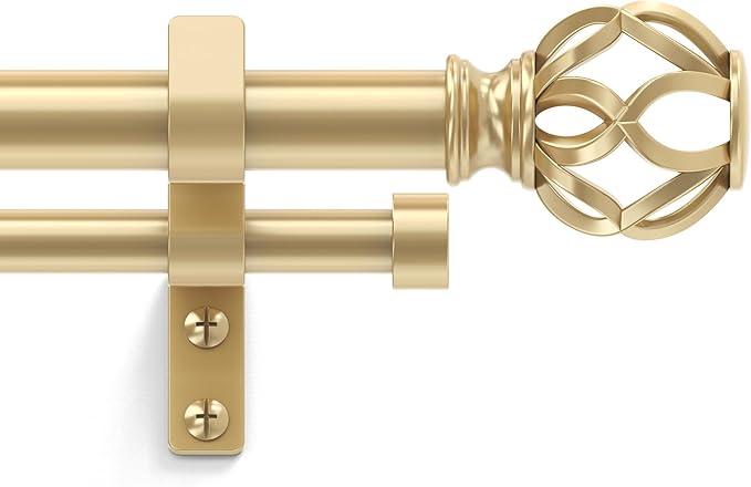 Double Curtain Rod 84 to 120 Inch, Gold Long Dual Curtain Rods with Decorative Aluminium Twisted Cage Finial, 1 Inch Adjustable Heavy Duty Telescopic Spliced Window Treatment Rods, All Metal