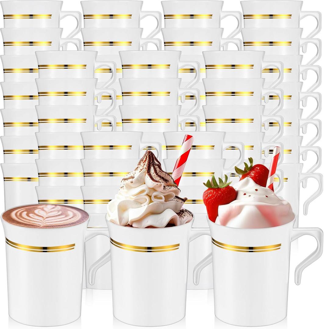 Baderke 48 Pcs Plastic Coffee Cups with Rim 8 oz Disposable Coffee Mugs with Handle Disposable Tea Cups Espresso Beverage Plastic Mugs for Wedding (White,Gold)