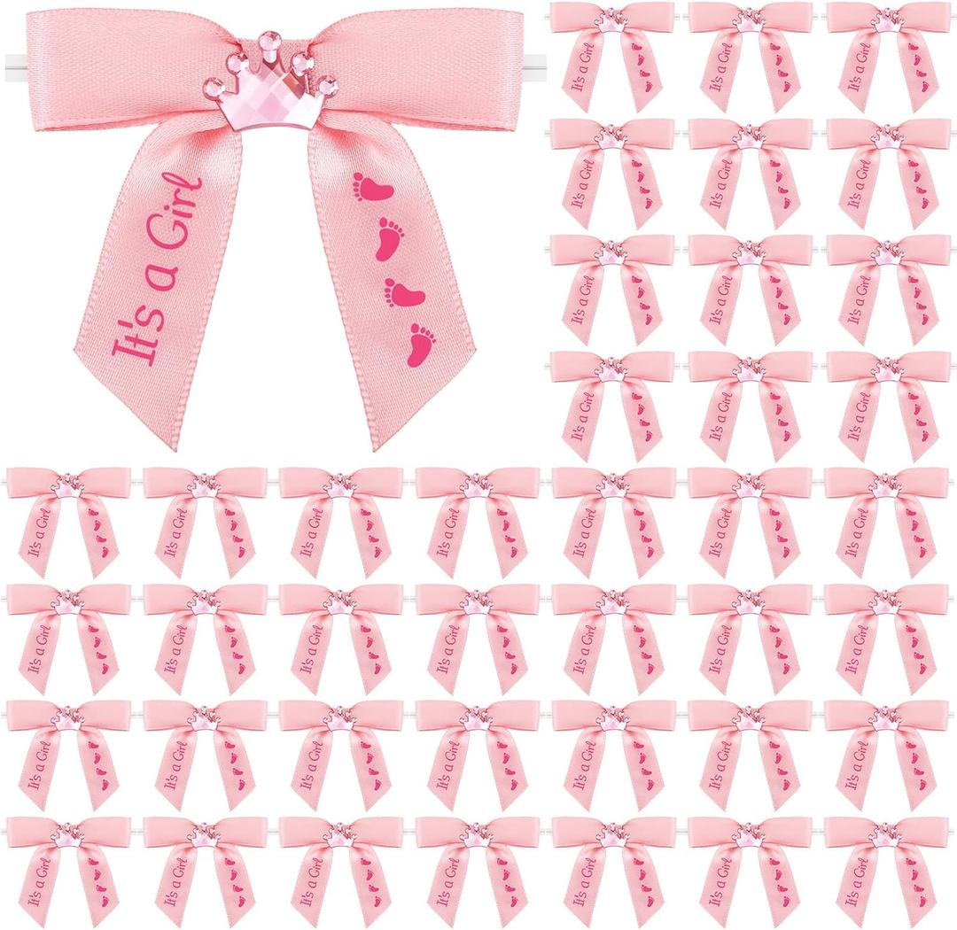 100 Pcs Baby Shower Satin Ribbon Twist Tie Bows 2.5" Pre Tied Craft Bow Baby Foot Print Ribbon Bows for Baby Shower Birthday Party Treat Bags Gift Wrapping Basket Decor (Baby Pink)