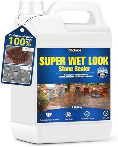 Super Wet Look Stone Sealer-1 Gallon, Durable & Long-Lasting Protection with High Gloss Finsh, Stain Proof, Against Water Damage & Dissolved Salts Natural Stone Sealer for Slate, Sandstone, Driveways
