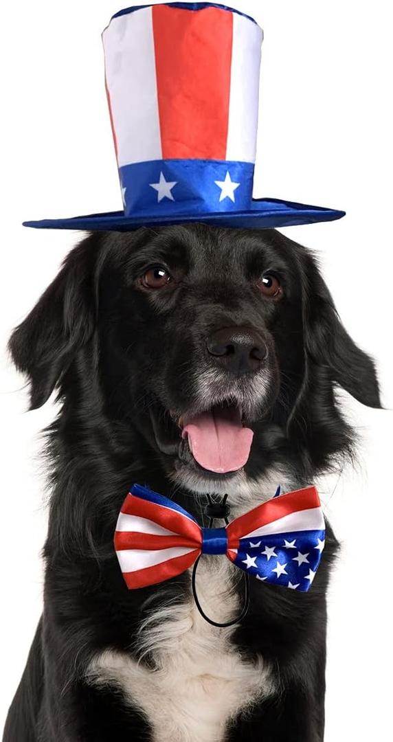 Vehomy Uncle Sam Dog Top Hat & American Flag Dog Bow Tie Collar - 4th July Pet Costume Set for Dogs & Cats (2Pcs, Satin, Adjustable Size)