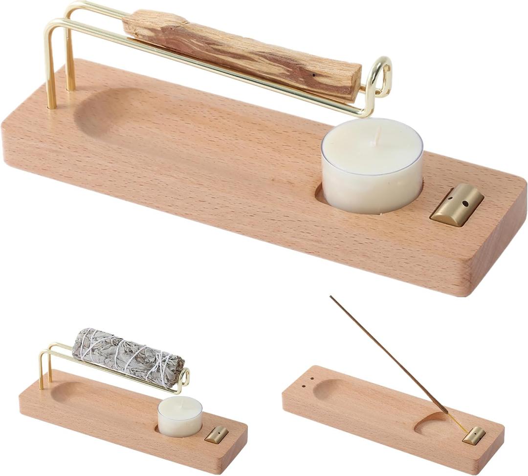 4 in 1 Incense Holder for Burning Palo Santo & Sage Sticks & Insence-Stick and Candle, Lasting Burning Wooden Palo Santo and Sage Burner Smudge Bowl for Yoga Meditation Spiritual Altar