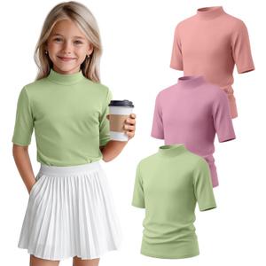 3 Pack Girls' 1/2 Sleeve Shirts | Mock Turtleneck Shirts, Half Sleeve, Basic, Elbow Length, Casual, Going out, Basic, Stretch, Soft, 5-14 Years, Summer