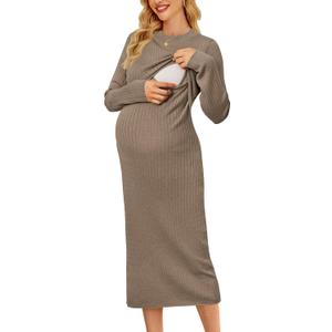 OUGES Women's Wool Blend 2025 Maternity Sweater Nursing Dress Long Sleeve Crew Neck Slim Fit Ribbed Knit Midi Fall Dress M