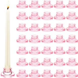 36 PCS Glass Taper Candle Holders Bulk Pink Candlestick Holders Clear Short Tapered Candle Stick Holder Decor Set for Table Centerpiece Wedding Party Advent Christmas Home Decorations