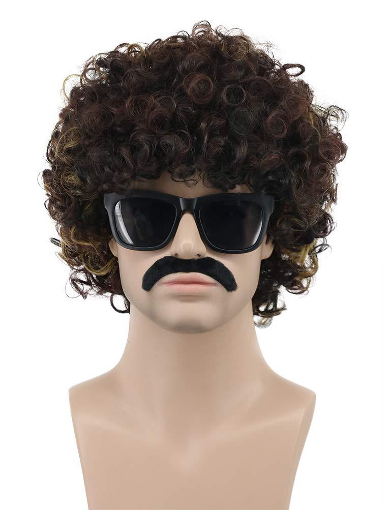 VGbeaty Men Short Curly Brown Rocker Black Mustache Beard Wig California Halloween Party Wig (Brown And Blonde with Mustache)