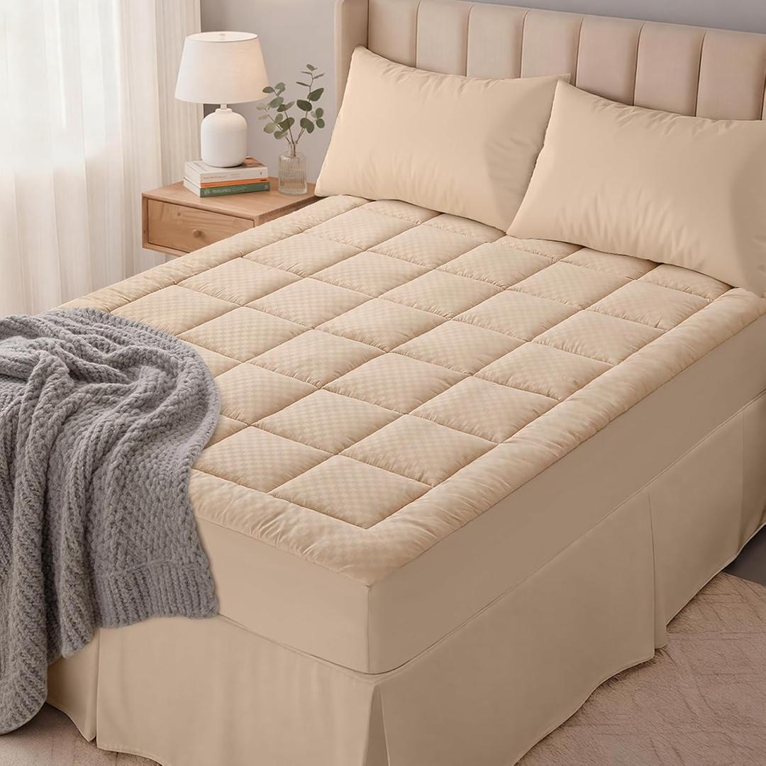 OLANLY Full Quilted Fitted Mattress Pad, Elastic Fitted Mattress Topper, Cooling Soft Mattress Cover Stretches up to 21 Inches Deep, Machine Washable Mattress Protector (54x75 inch, Beige)
