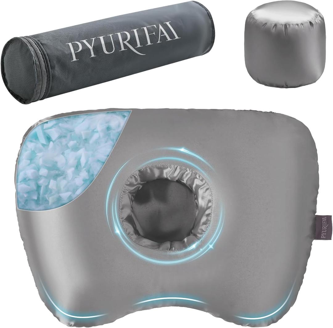 Piercing Pillow - Ear Piercing Pillow With Foam Plug, Adjust Shredded Memory Foam Picrcing Pillow For Side Sleepers, Donut Piliow For Ear With 4.5x4.5''Hole, Ergonomic Curved Design, Satin grey