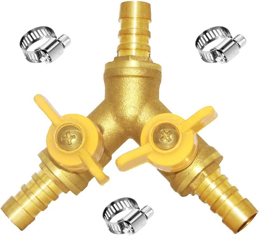 Joywayus 1/2" Hose Barb Brass Ball Valve Y Shaped Type 3 Way with 2 Switch Shut Off Valve Fitting Include 3 Clamps