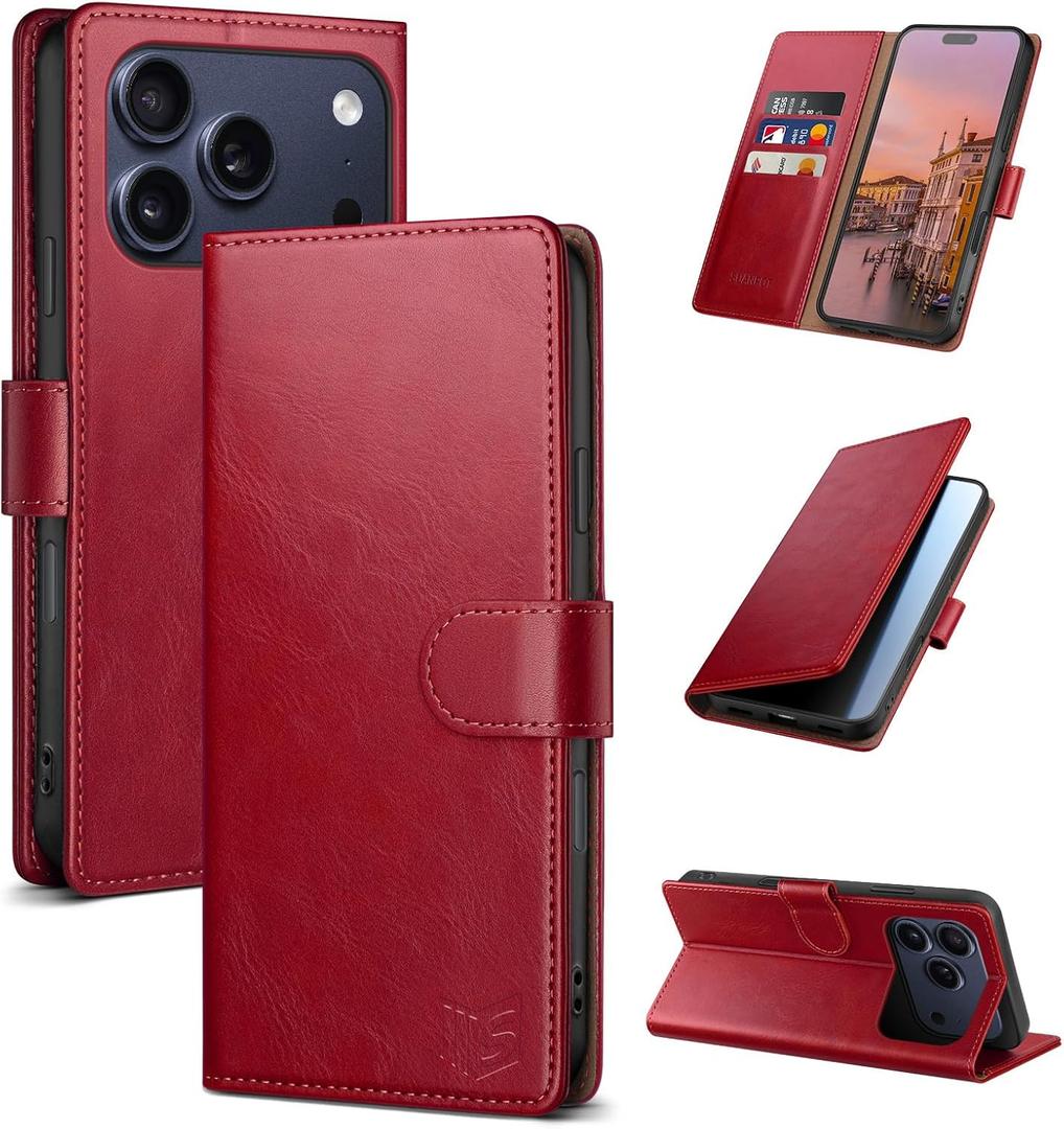 SUANPOT Compatible with iPhone 17 Pro 6.3" Wallet case with RFID Blocking Credit Card Holder,Flip Book PU Leather Protective Cover Men Women for Apple 17 Pro Phone case Red Color