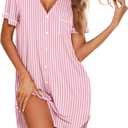 Ekouaer Nightgowns for Women Button Down Night Gowns Short Sleeve Sleep Shirt V Neck Nightshirt Soft Sleepwear Pajams Dress (Pink, XL)