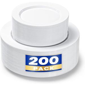 200PCS White Plastic Plates, Heavy Duty Plastic Plate Disposable, Include 100 Dinner and 100 Dessert Plates for Party and Wedding