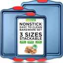 NutriChef 3-Piece Nonstick Cookie Sheets for Baking - Premium Carbon Steel Baking Trays w/ Non-Stick Smooth Coating & Silicone Handles - Large, Medium, & Small Bakeware - Blue